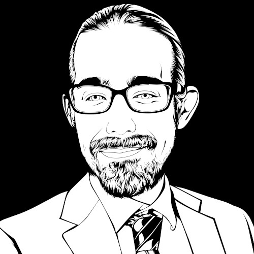 Black and white line drawing of Patrick Landy, a man with a beard and mustache wearing glasses and a suit and tie.